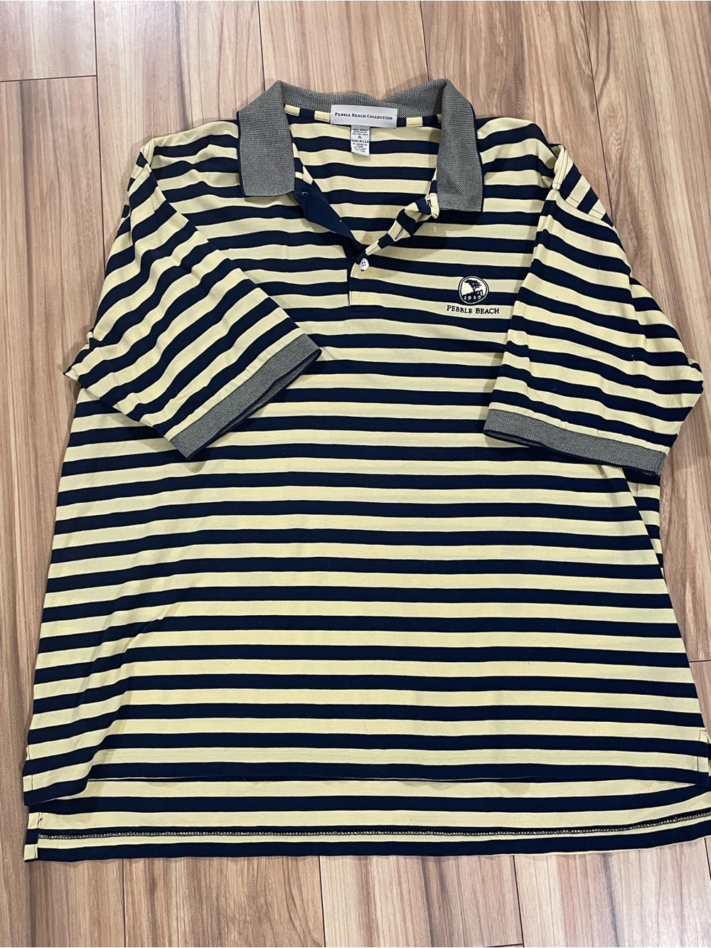Pebble Beach Collection Yellow & Navy Striped Polo Golf Shirt.